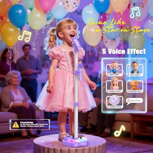 Stand Karaoke Machine for Kids, Singing Toys Gifts for 3 4 5 6 7 8 Year Old Girls Boys, Rechargeable Kid Microphone Bluetooth Speaker with 2 Wireless Mic for Girl Age 4-6 Toddler Birthday Party Toy - Thumbnail 4
