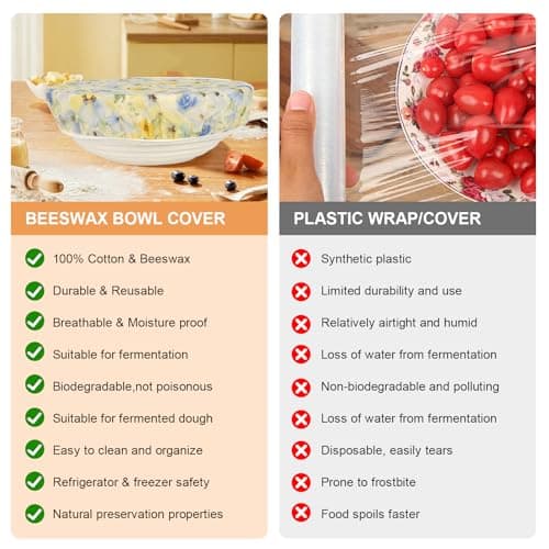 BERBAM Reusable Bowl Covers for Bread Proofing（2 Large）- Cotton Beeswax Bowl Covers Reusable with Elastic Rim, Sourdough Bowl Cover for Food Storage and Food Preservation (10INCH) - Thumbnail 6