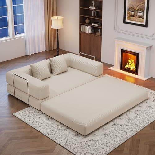 BSHOMGI 4-in-1 Foldable Sofa Bed Teddy Fabric Foam-Filled Compressed Couch, Convertible Loveseat Sofa, Boneless FoldingSleeper for Living Room, Guest Bed, Playroom (Beige, 59” 2 Seat) - Thumbnail 3