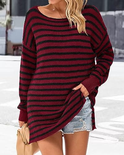 KIRUNDO Women's 2026 Fall Winter Oversized Long Sleeve Striped Sweater Casual Crewneck Side Split Pullover Knit Tops(Wine Red, Medium) - Thumbnail 2