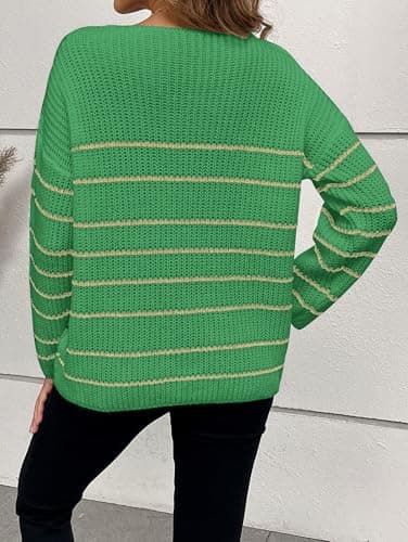 Libsorge Women's Oversized V Neck Cute Striped Sweaters Fall 2025 Dressy Casual Cozy Lightweight Ribbed Knit Long Sleeve Pullover Sweater Green XL - Thumbnail 3