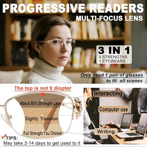 touk Photochromic Progressive Multifocal Reading Glasses for Women, Stylish Half Rim Metal Frame Anti Blue Light Sun Readers 1 Pack Red +3.5 - Thumbnail 2