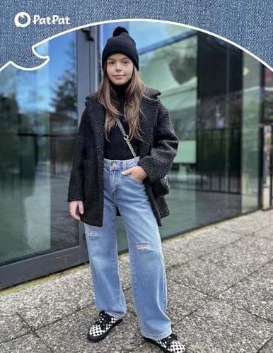 PATPAT Girls Baggy Ripped Jeans 5-14Y, Y2K Vintage Mid Waist Wide Leg Jeans, Trendy Denim Pants with Elastic Waist & Pockets - Thumbnail 3