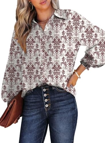 Dokotoo Womens Fall Tops for Women Long Sleeve Shirts 2026 Fashion Trendy Casual Dressy Fall Button Down Blouses T Shirts Allover Flower Print V Neck Business Work Tunic Bohemian Floral Top Red m - Image 1