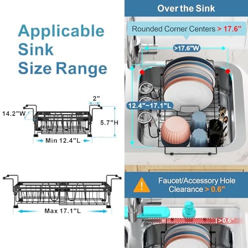 iSPECLE Expandable in Sink Dish Drying Rack with Cup Holder - Rust Resistant Adjustable Over The Sink Dish Drainer with Tightening Knob, Arms with Non Slip Rubber, Fits Sink 12.4"-17.1", Black - Thumbnail 2