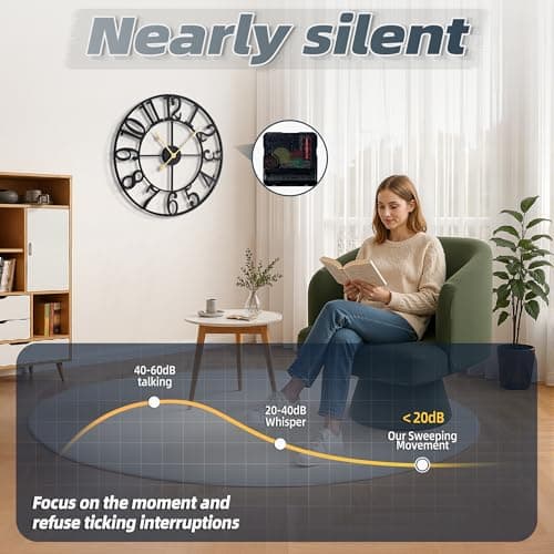 HAITANG Large Wall Clock for Living Room Decor, 24 Inch Black Metal Silent Non Ticking Battery Operated Modern Vintage Decorative Clock for Bedroom - Thumbnail 4
