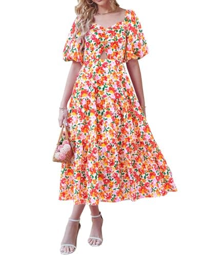 BTFBM Women's Clothing Spring Summer Dresses 2026 Beach Vacation Short Sleeve Smocked Back Boho Casual Floral Maxi Dress(Floral White Red, Medium) - Image 1