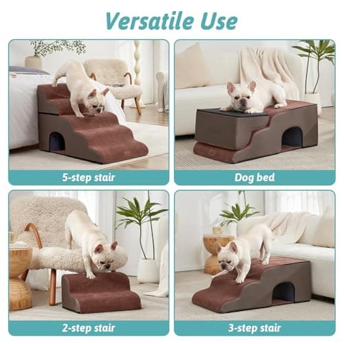 COZY KISS Wide Dog Stairs with Tunnel, Foam Detachable Large Dog Step for Small Pet, Puppy or Cats, Medium Pet Ramp for High Bed, Couch, Sofa or Car, 19.7x33x22.4 inch, 5 Step, Brown - Thumbnail 4