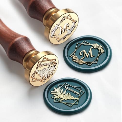 VSECUON Letter M Rosemary Initial Wax Seal Stamp, 2pcs Value Pack Wax Seal Kit with Vintage Rosewood Handle Decorative Gift for Wedding Art Invitations Christmas - Image 1