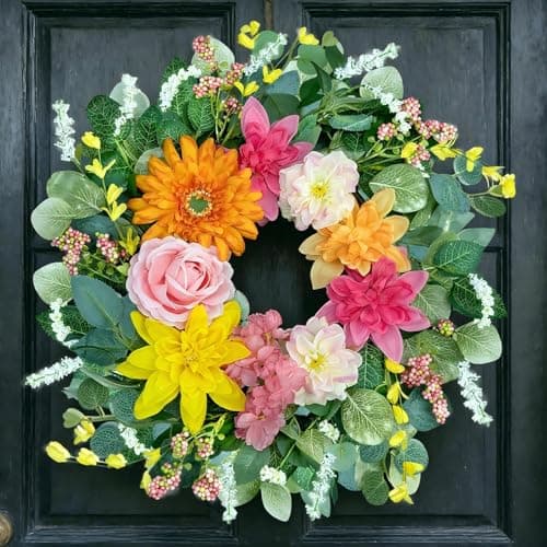 MAISONRINA Spring Wreaths for Front Door 24 Inch,Outdoor Front Door Wreath with Florals Peony & Rose, Artificial Spring Wreath for Porch Garden Wall Window Farmhouse Indoor Outdoor Home Decor - Image 1