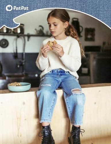 PATPAT Girls Baggy Ripped Jeans 5-14Y, Y2K Vintage Mid Waist Wide Leg Jeans, Trendy Denim Pants with Elastic Waist & Pockets - Thumbnail 2