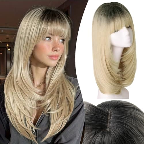 NOSTALGIA Wig with Bangs for Women Blonde with Dark Roots 20 Inch, 4x4 Realistic Scalp & Free Parting, Layered Heat Resistant Synthetic Hair for Everyday Use - Image 1