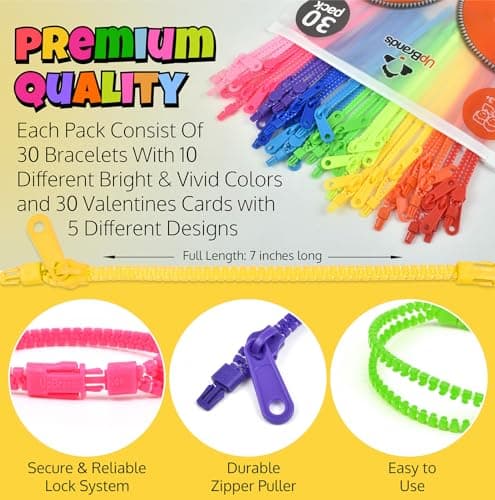 UpBrands 30 Valentine's Day Cards for Kids School & Fidget Zipper Bracelets Party Favors Toys, Bulk Valentine's Day Gifts for Kids, Classroom Exchange Gifts - Thumbnail 5