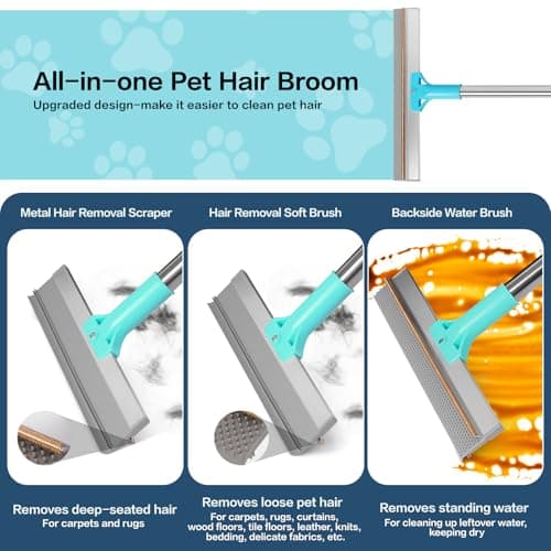 3 in 1 Carpet Rake for Pet Hair Removal, Reusable Pet Hair Remover Broom with 54" Adjustable Long Handle, Dog Cat Carpet Scraper Brush Tool Kit for Cleaning, Dog Fur Broom for Rugs, Mats, Couch - Thumbnail 2