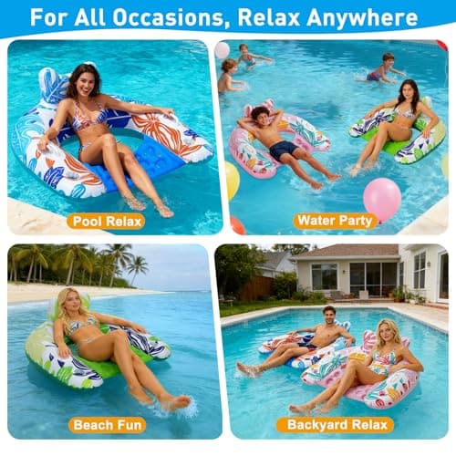 BSIEZC Pool Floats, Inflatable Pool Floats Adult & Kids 3 Packs, U-Shaped Water Floating Lounger with Headrest, Cup Holders, Handles, 3 Chambers, Portable Pool Float Chair for Summer Beach Pool Party - Thumbnail 6