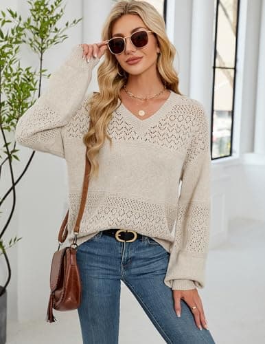 Libsorge Womens Oversized Lightweight V Neck Sweater Spring 2025 Trendy Ladies Dressy Casual Outfits Fashion Clothes Sexy Crochet Knit Hollow Out Long Sleeve Pullover Tops Apricot L - Thumbnail 2