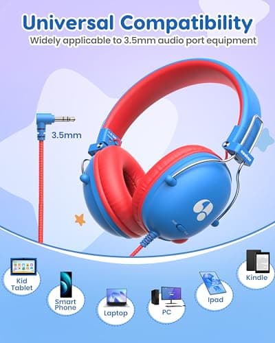 awatrue Kids Headphones, 74/85dB Safe Volume Limit, Stereo Sound, Wired On-Ear Headphones for Kids Boys Girls, 3.5mm Jack for Tablet, iPad, Kindle, YOTO Player, Airplane Travel, Blue - Thumbnail 6