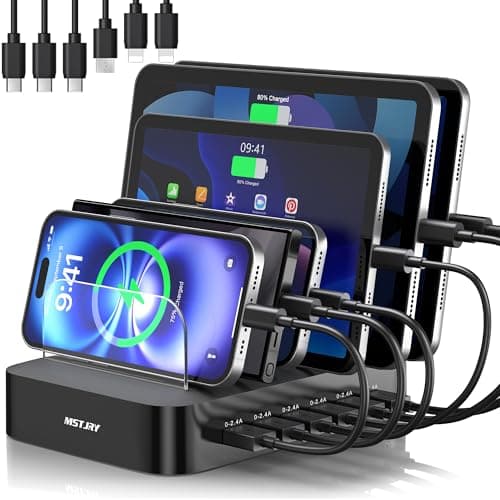 MSTJRY Charging Station for Multiple Devices : 6 Port USB Charger Stations - Family Multi-Device Organizer Charging Dock - Designed for iPhone iPad Android Cell Phone Tablet and Electronic, Black - Image 1