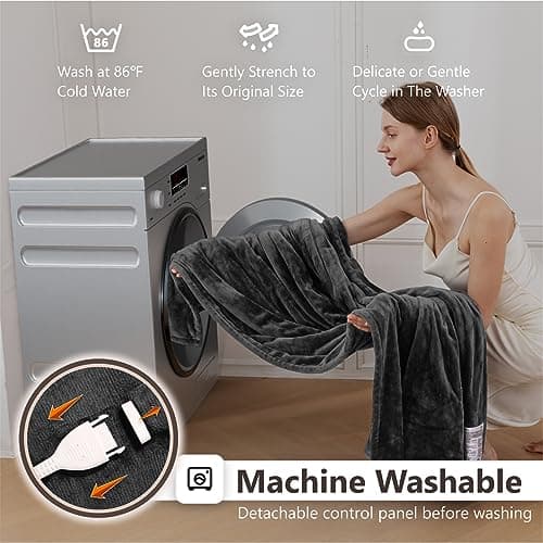 Wapaneus Heated Blanket Full 72" x 84" Electric Throw 10 Heating Levels 12 Hours Time Setings and Auto-Shut Off, Flannel Fast-Heating Electric Blanket, Grey - Thumbnail 5