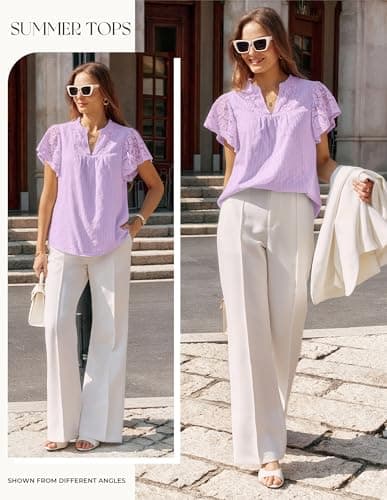GRACE KARIN Womens Lace Short Sleeve Tops Summer Dressy Casual Cotton Blouses Flowy V Neck Dress Shirts Trendy Clothing 2026, Purple, Medium - Thumbnail 6