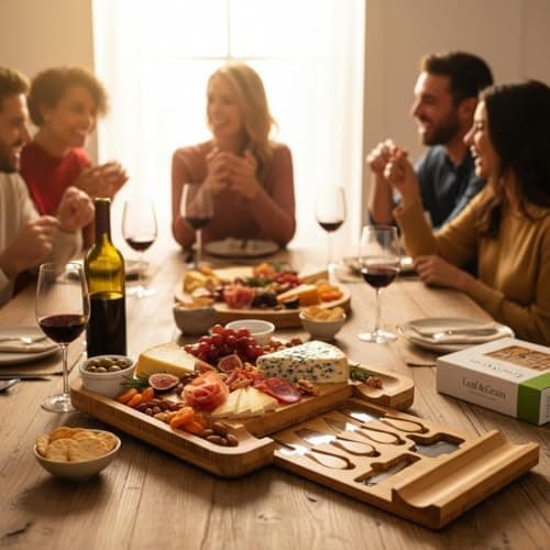 Leaf & Grain Charcuterie Board Set with Accessories Drawer - Real Bamboo Cheese Board & Stainless Steel Knife Set, Large Meat & Cheese Platter for Parties & Gifts - Natural - Thumbnail 3