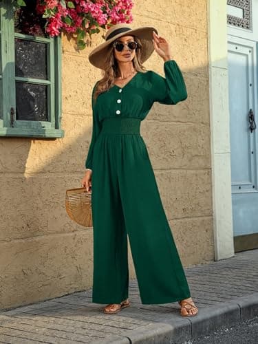 LOOKBOHO Womens Long Sleeve Jumpsuits Dressy Casual 2026 V Neck High Waist One Piece Outfits Wide Leg Romper Green X-Large - Thumbnail 4