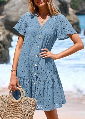 KIRUNDO Eyelet Dresses for Women 2026 Spring Summer Short Sleeve Button Down Loose Mini Babydoll Dress Beach Vacation Clothes(Grey Blue, Medium) - Thumbnail 3