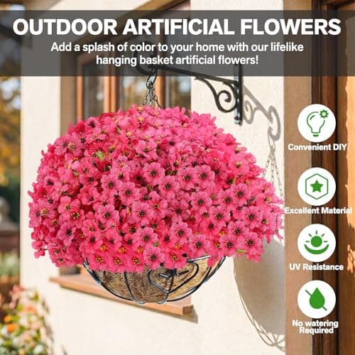 Powbrace 22 Bundles Artificial Flowers Outdoor, Faux Flowers UV Resistant with Plastic Plants, Faux Silk Flowers for Outdoors Outside Front Porch Hanging Planter Window Box Garden Decoration(Rose Red) - Thumbnail 2
