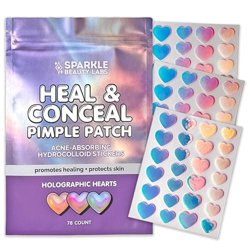 Sparkle Beauty Labs Heal & Conceal Pimple Patch - Cute Holographic Heart Shaped Acne Patches, Fun Hydrocolloid Zit Stickers for Face (Iridescent Hearts, 78 Count) - Image 1