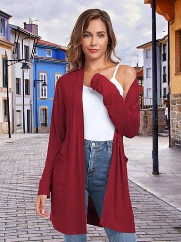 TownCat Womens Lightweight Cardigan with Pocket, Long Sleeve Open Front Casual Loose Cardigan for Women (WineRed1, X-Large) - Thumbnail 5