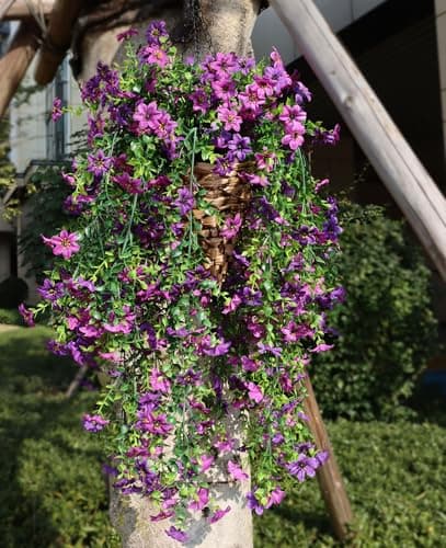 Obmnor Artificial Hanging Flowers for Outdoors, 4 Pack Fake Hanging Plant for Spring Summer Decor, UV Resistant Faux Silk Flower for Planter Front Door Porch Patio Yard Garden (Double Purple) - Thumbnail 6