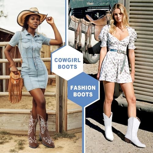 Vepose Women’s Brown Cowboy Mid Calf Boots, Cowgirl Western Embroidered Chunky Low Heel 9800 Boots with Zipper, Size 8M US, (CJY9800 Brown 08) - Thumbnail 2