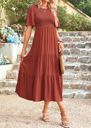 KIRUNDO Womens Dresses Casual Spring Summer Short Sleeve A Line Flowy Smocked Midi Blush Crew Neck Ruffle Tiered Beach Dress(Medium, Brick Red) - Thumbnail 5