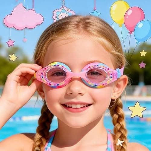 YUENREE Kids Swim Goggles for Girls Ages 4-12 | Rainbow Bling Rhinestone Pink | No Leak Anti-Fog UV Protection | with Premium Hard Case - Thumbnail 3