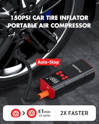 Tire Inflator Portable Air Compressor Povasee 150PSI Portable Air Pump for Tires Cordless Car Tire Inflator with LCD Display,Flashlight, 2X Tire Pump Faster suit for Cars Bikes Motorcycle Ball - Thumbnail 3