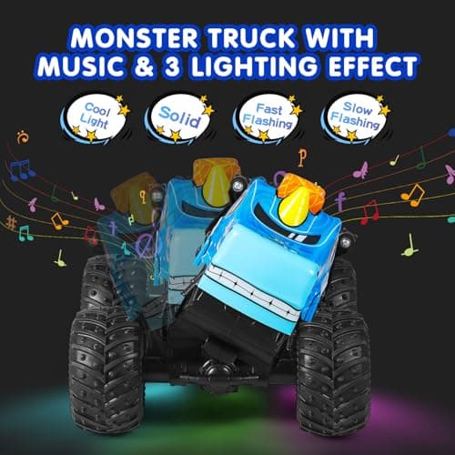 DYODYORC Remote Control Car, 2.4Ghz All Terrain Monster Truck, RC Truck with Music, 3 Lighting Effects, 360 Stunt Capable, 2 Batteries Ready to Run, Toy Gifts for Boys and Girls (Blue) - Thumbnail 5
