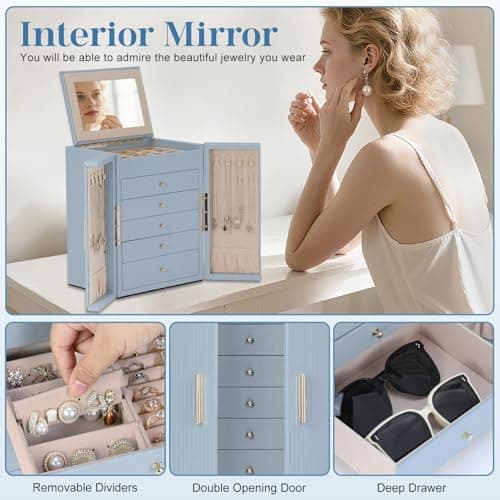 Dajasan Large Jewelry Organizer Box with Mirror, Jewelry Storage Organizer with 5 Drawers, 6-Tier Jewelry Gift Box for Women, Girls, Friends, Wife or Mother, Gift Idea (Smoky Blue) - Thumbnail 6