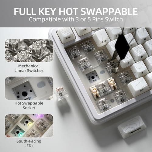 XVX M75 Wireless Gaming Mechanical Keyboard,75% Layout with Knob and IMD Topographic Keycaps,BT5.0/2.4GHz/USB-C,Hot Swappable Creamy Switches, Gasket Structure,RGB Backlit Keyboard for Win/Mac,White - Thumbnail 6