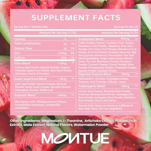Montue Prebiotics and Probiotics - Happy Cleaner Gut Health Powder, Sugar Free,Dietary Fiber Supplement for Digestion & Bloating Health- Watermelon - 30 Servings (Pack of 30) - Thumbnail 3