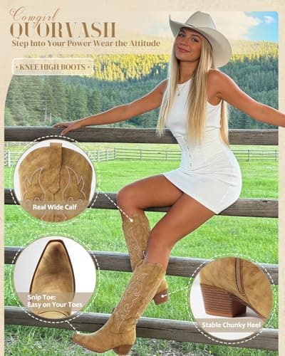 Quorvash Women's Wide Calf Cowboy Boots - Snip Toe Western Cowgirl Boots, Faux Leather Chunky Knee High Boots for Country Concerts & Nashville Outfits Tan Size 10 - Thumbnail 5