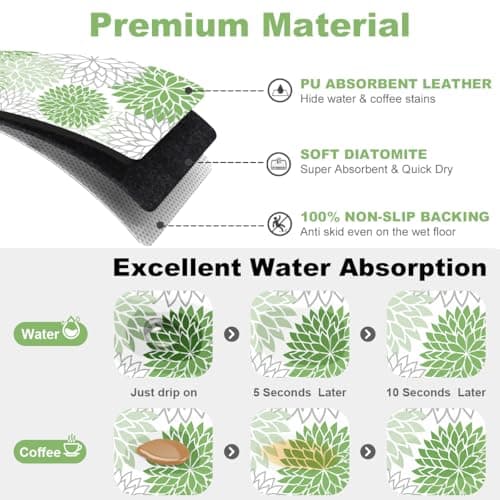 Findosom 2PCS 16" x 24" Dish Drying Mat & 24" x 5.5" Sink Splash Guard, Super Absorbent & Cuttable Dish Mat Drying Kitchen Mat with Green Floral, Hide Stain Drying Mat for Kitchen Counter - Thumbnail 4