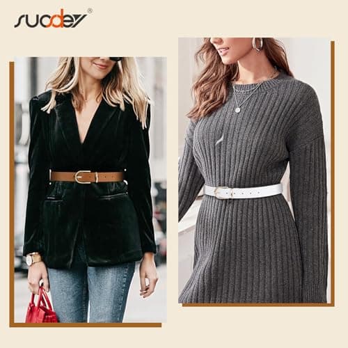 SUOSDEY 3 Pack Womens Fashion Leather Belts for Jeans Dresses Pants Black Brown Beige Ladies Belts with Gold Buckle - Thumbnail 3