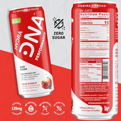 HYDRADNA- Clean Performance Drink, Zero Sugar | For Natural Fuel, Alertness, Boost, Stamina,120 mg Organic Caffeine, Natural Flavors, Zero Sucralose, Clean Ingredients (12 Pack) (12 Pack, Fruit Punch) - Thumbnail 2