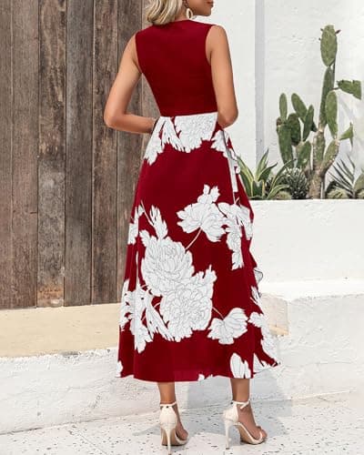 BTFBM Women Casual Sleeveless Summer Dresses 2026 Spring Crewneck Patchwork Boho Floral Ruffle Cocktail Party Midi Dress(Big Floral White Wine Red, Large) - Thumbnail 5