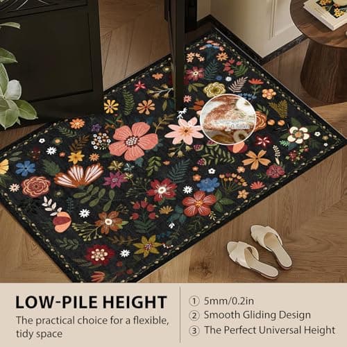 Washable Area Rug, Floral Rug, Large Carpet for Living Room & Bedroom, 9'x 12',Black - Thumbnail 5