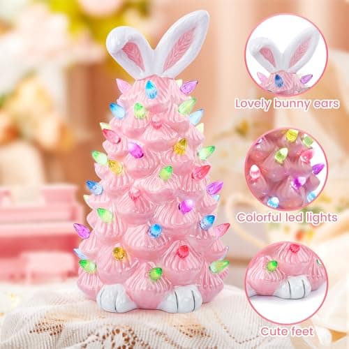 GARKALY Light up Easter Bunny Decor Glowing Tree, Cute Ceramic Easter Tree Bunny Decorations for The Home Indoor Bedroom Office Decor Tabletop,Night Light for Kids Gifts (Pink) - Thumbnail 2
