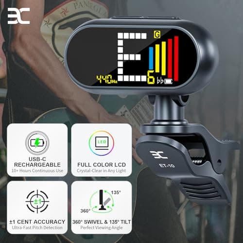 EX USB-C Rechargeable Guitar Tuner Clip On, Full Color LCD Display Chromatic Tuner for Acoustic/Electric Guitar, Bass, Ukulele & Violin, Professional Fast & Precise Pitch Detection - Thumbnail 2