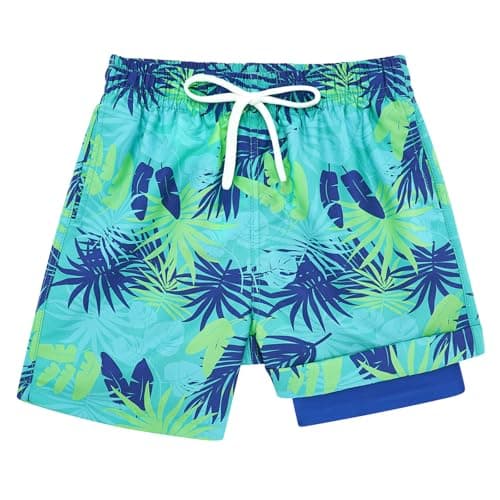 Cozople Boys Swim Trunks Boxer Brief Liner Swim Shorts Botanical Green Bathing Suits Hawaiian Swimsuit Compression Stretchy Boardshorts Size 14-16 - Image 1
