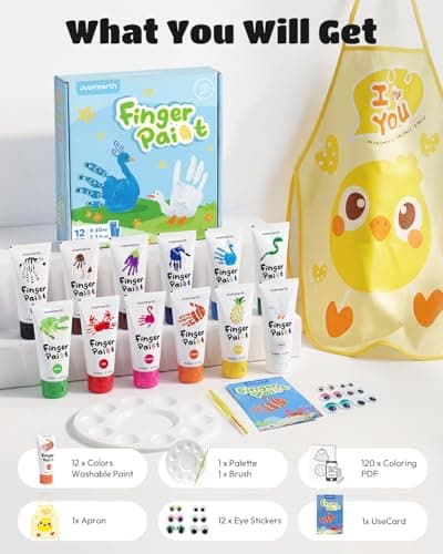 JUPITEARTH 28 PCS Finger Paint, Washable Paint for Todllers 1-3, Non-Toxic 12 Vibrant Colors (2.1fl oz/60ml ) , Palette, Apron, Brush, Eye Stickers, Baby Safe Paints for Hand and Feet, Safe Preschool Art Supplies for Kids - Thumbnail 2