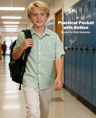 Cozople Boys Button Down Short Sleeve Shirts Lightweigh Soft Seersucker Shirt with Curved Hem Hawaiian Aloha Tops Cusual Chest Pockets Green Stripe - Thumbnail 2